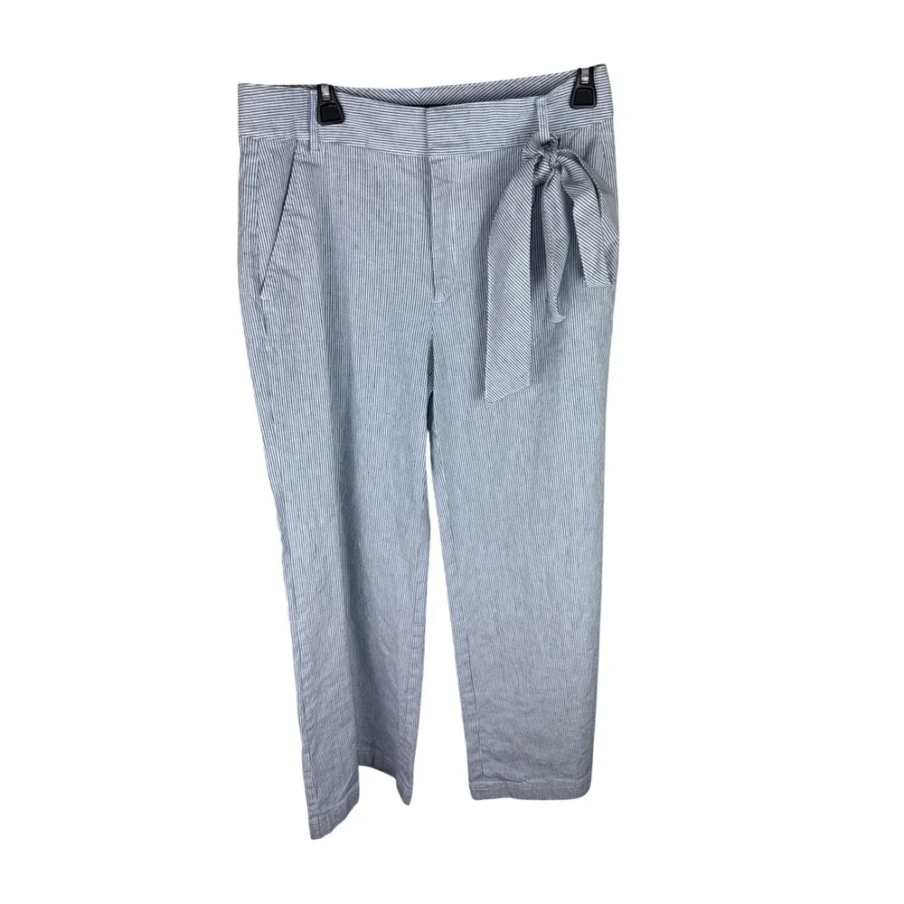 Banana Republic Seersucker Stripe Linen Blend Tie Waist Straight Leg Pants 8